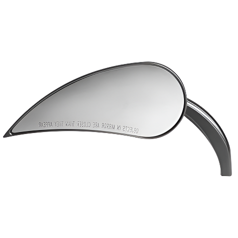 Close-up of the Arlen Ness Mirror Black Die-Cast Rad III Teardrop Style Left Side for motorcycles, featuring a reflective surface and curved black frame, isolated on a white background. Subtle text appears near the lower edge of the mirror.