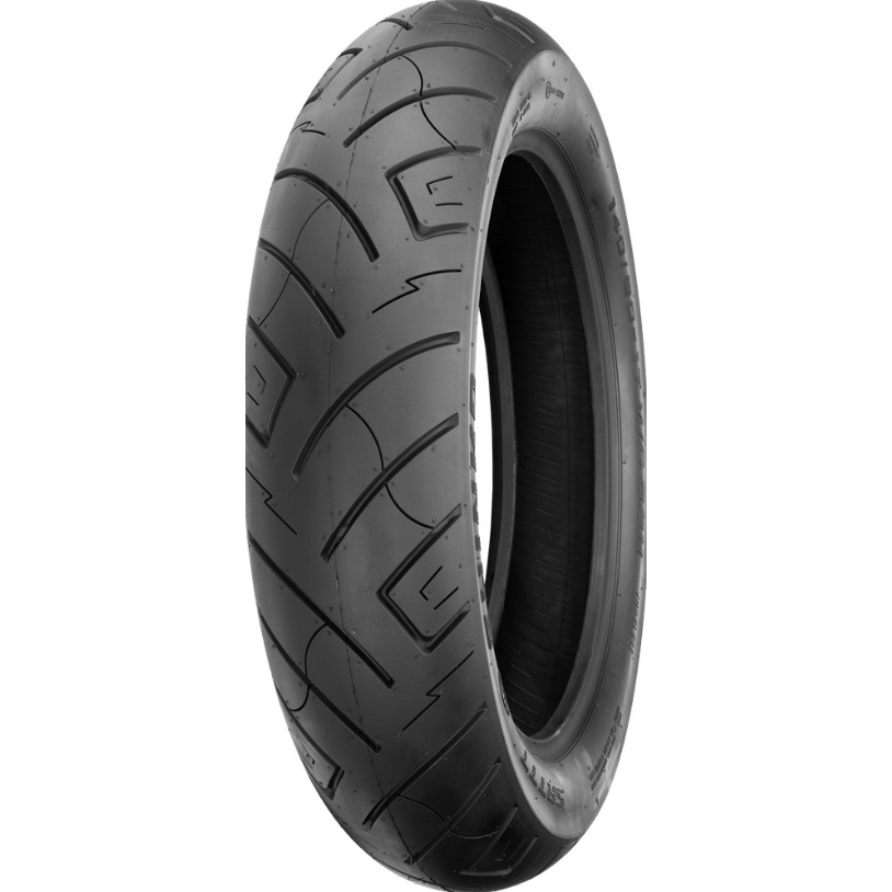 Black motorcycle tire with deep, angular tread patterns and smooth sidewalls designed for cruiser front wheels.