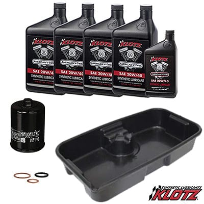 Victory motorcycle oil change kit by Klotz with included oil drain pan.