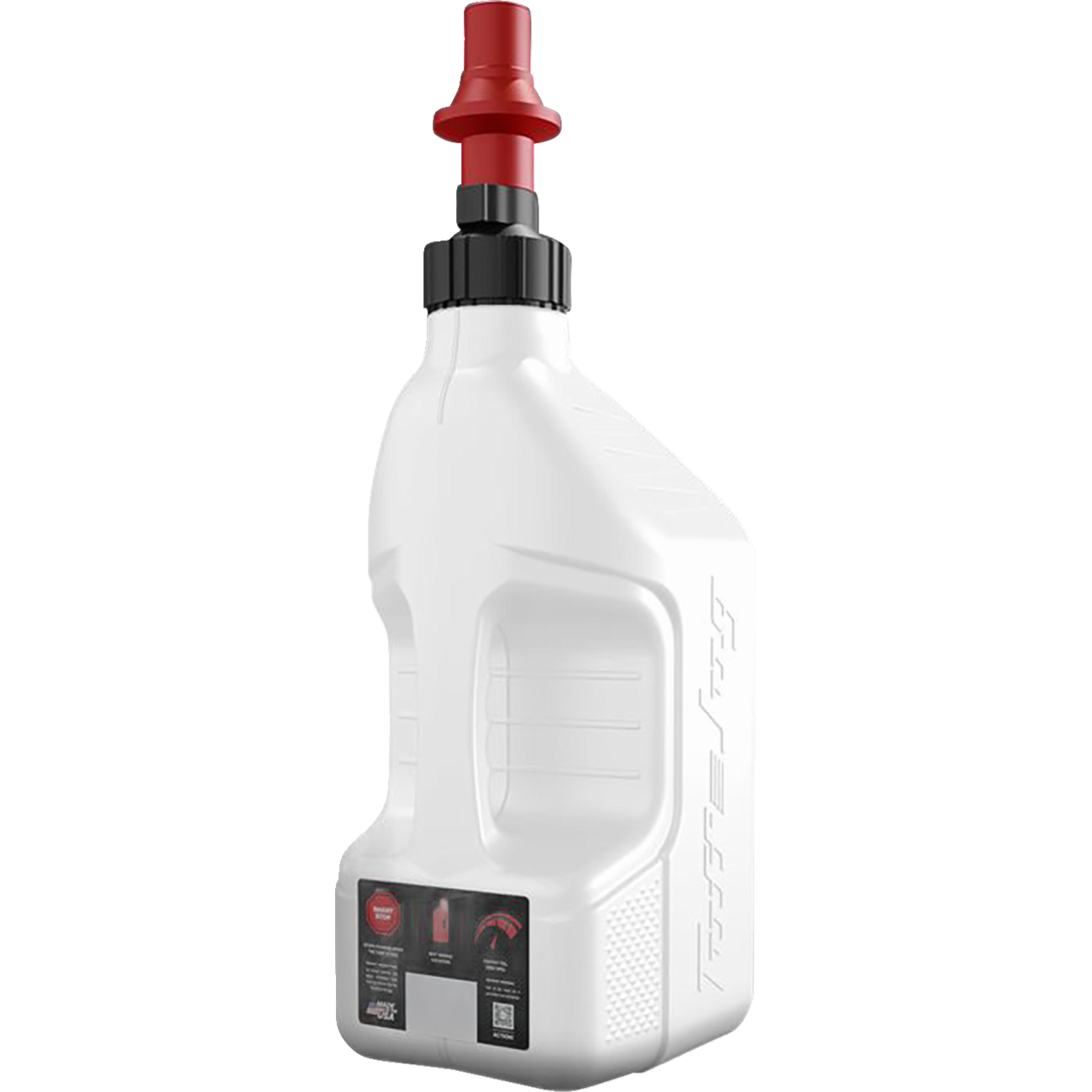 Red and black replacement cap and plug on a semi-transparent white plastic jug with embossed measurements and "Tuff Jug".
