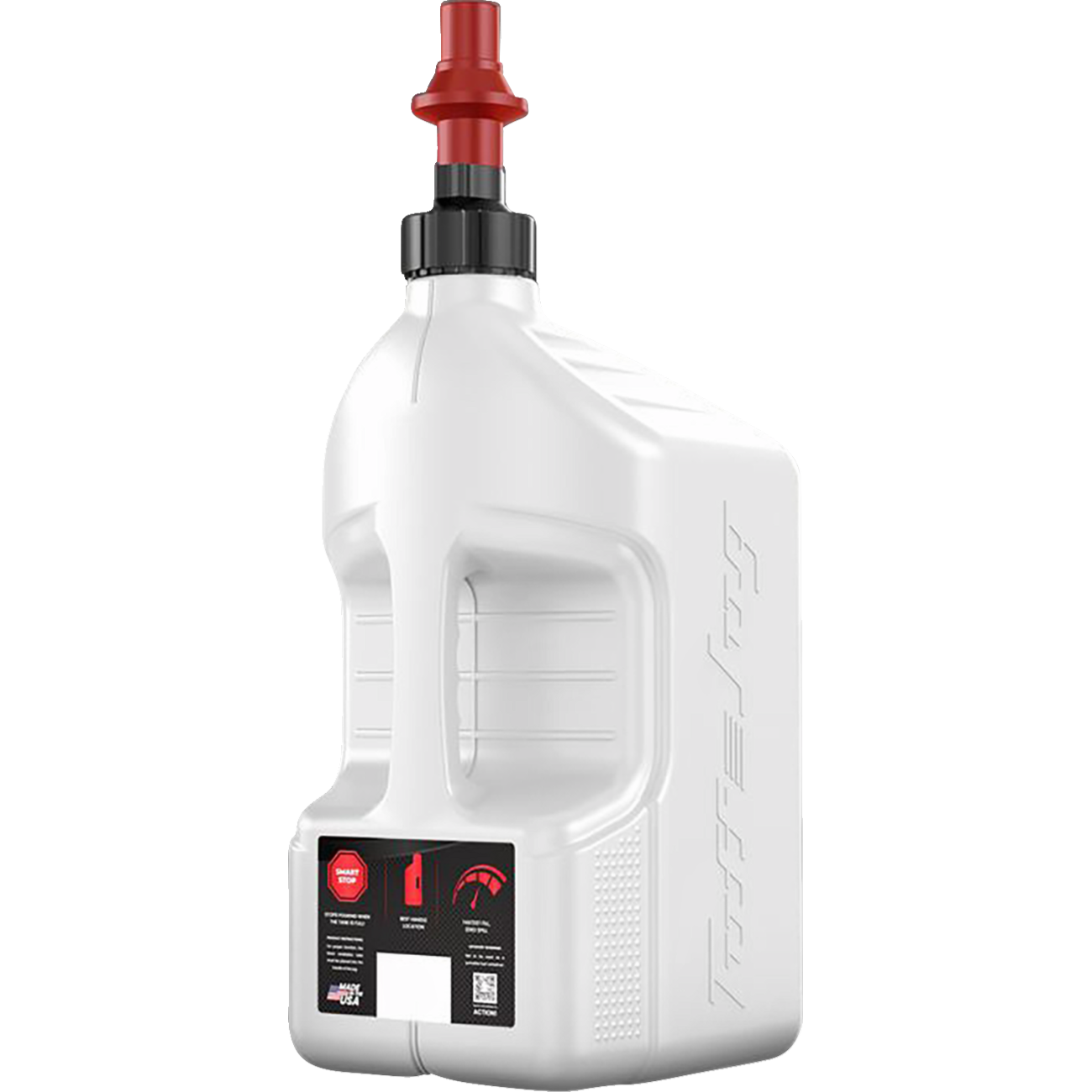 White durable plastic fuel jug with red and black screw-on replacement cap and plug, embossed Tuff Jug logo on side.