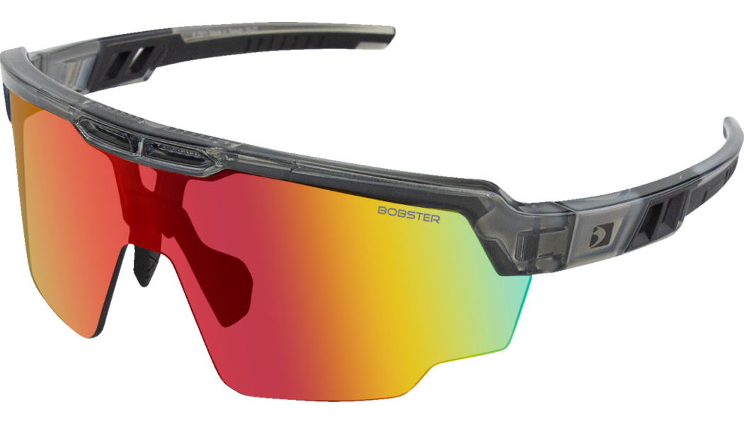 Glossy clear gray frame sunglasses with wraparound smoke black arms and red Revo mirrored lenses.