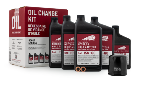 Indian Oil Change Kit 4.5 Qts by Polaris includes a box, four quart bottles of 15W-60 synthetic motor oil, an oil filter, and two copper washers—all OEM Indian Motorcycle parts for reliable Scout engine performance.