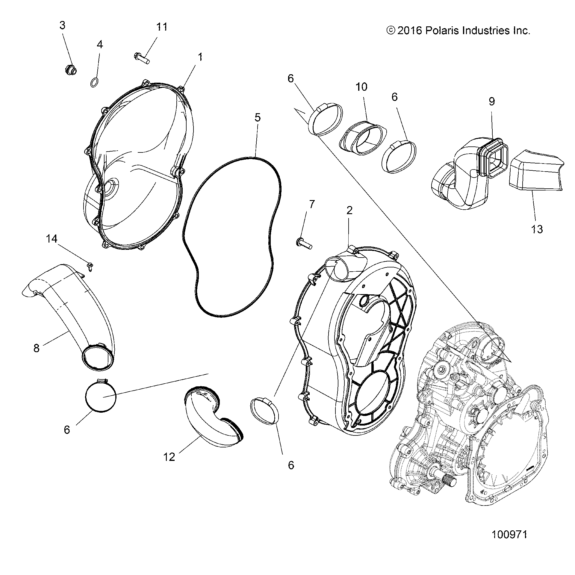 An Image of a Genuine Polaris Parts Schematic Diagram showing the schematic - BODY: CLUTCH COVER - 2017 POLARIS SPORTSMAN XP 1000