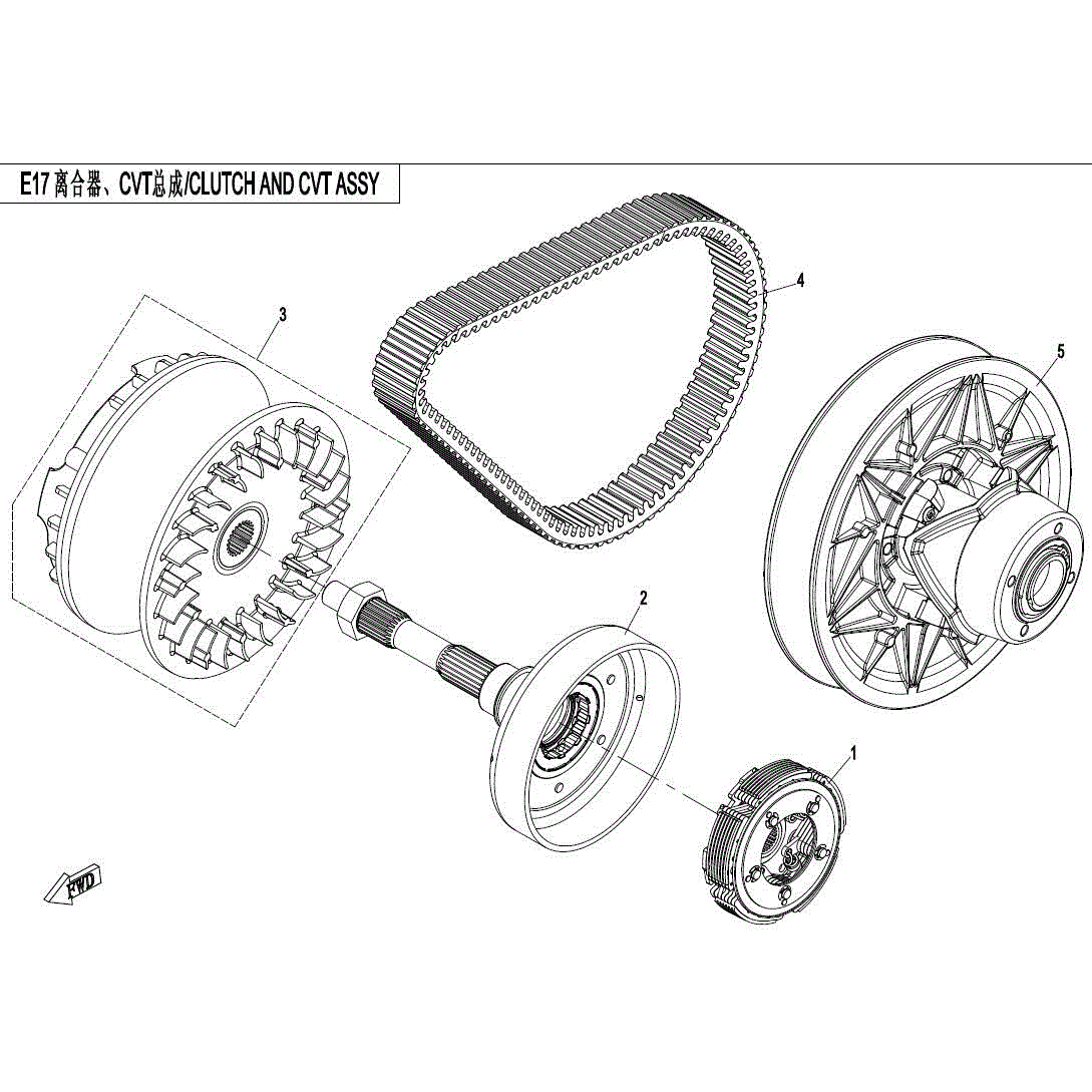 An Image of a genuine CFMOTO Parts Schematic Diagram showing the group - CLUTCH AND CVT ASSY - 2017 CFMOTO CFORCE 800