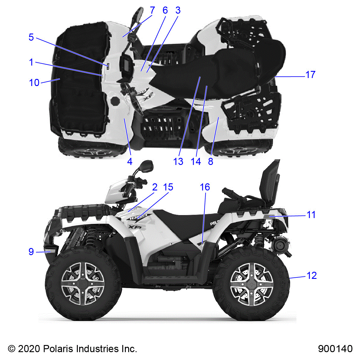 An Image of a Genuine Polaris Parts Schematic Diagram showing the schematic - BODY: DECALS - 2021 POLARIS SPORTSMAN TOURING XP 1000 48"