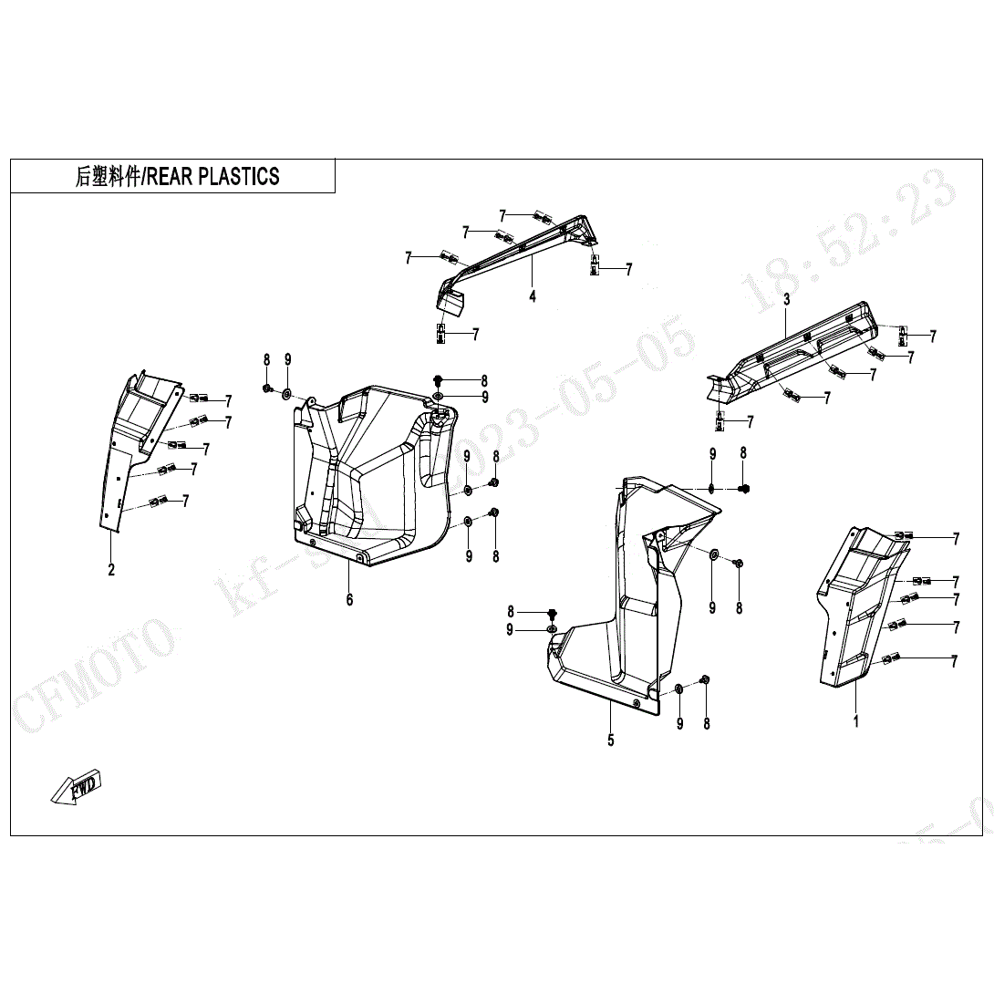 An Image of a Genuine CFMOTO Parts Schematic Diagram showing the schematic - REAR PLASTICS - 2024 CFMOTO UFORCE 1000