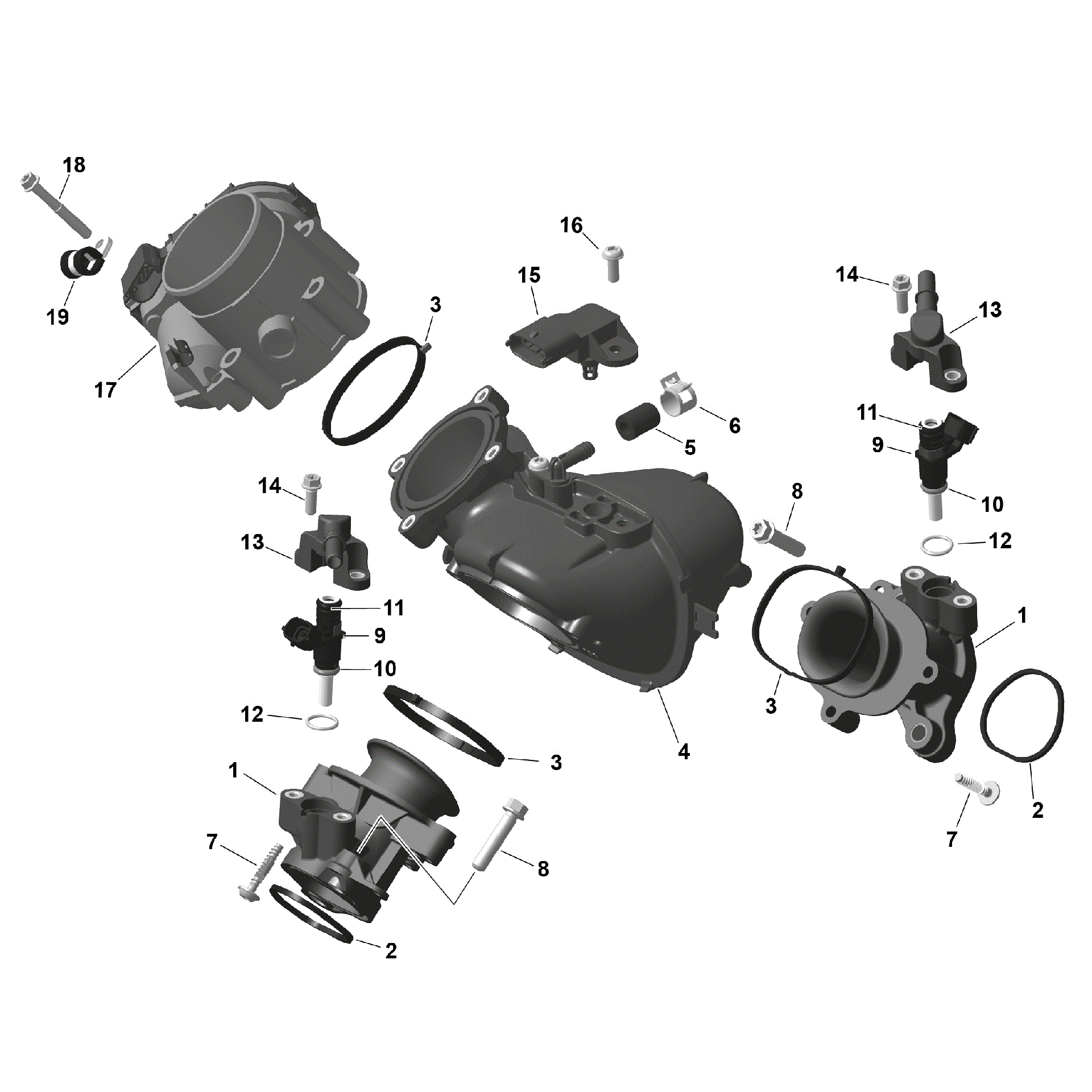 An Image of a Genuine Can-Am Parts Schematic Diagram showing the schematic - ROTAX - AIR INTAKE MANIFOLD AND THROTTLE BODY