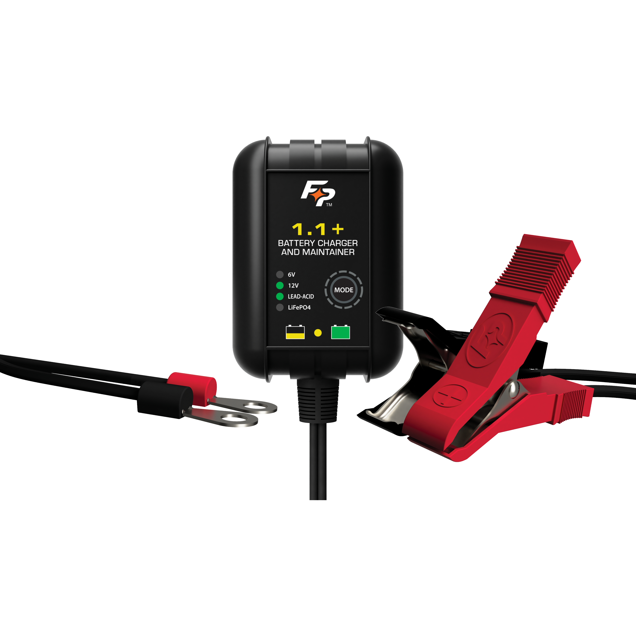 The Fire Power Wall Mount Battery Charger 6V/12V 1.1A features indicator lights, a mode button, attached black cable, and red/black alligator clamps. It charges and maintains lead-acid and lithium batteries automatically.