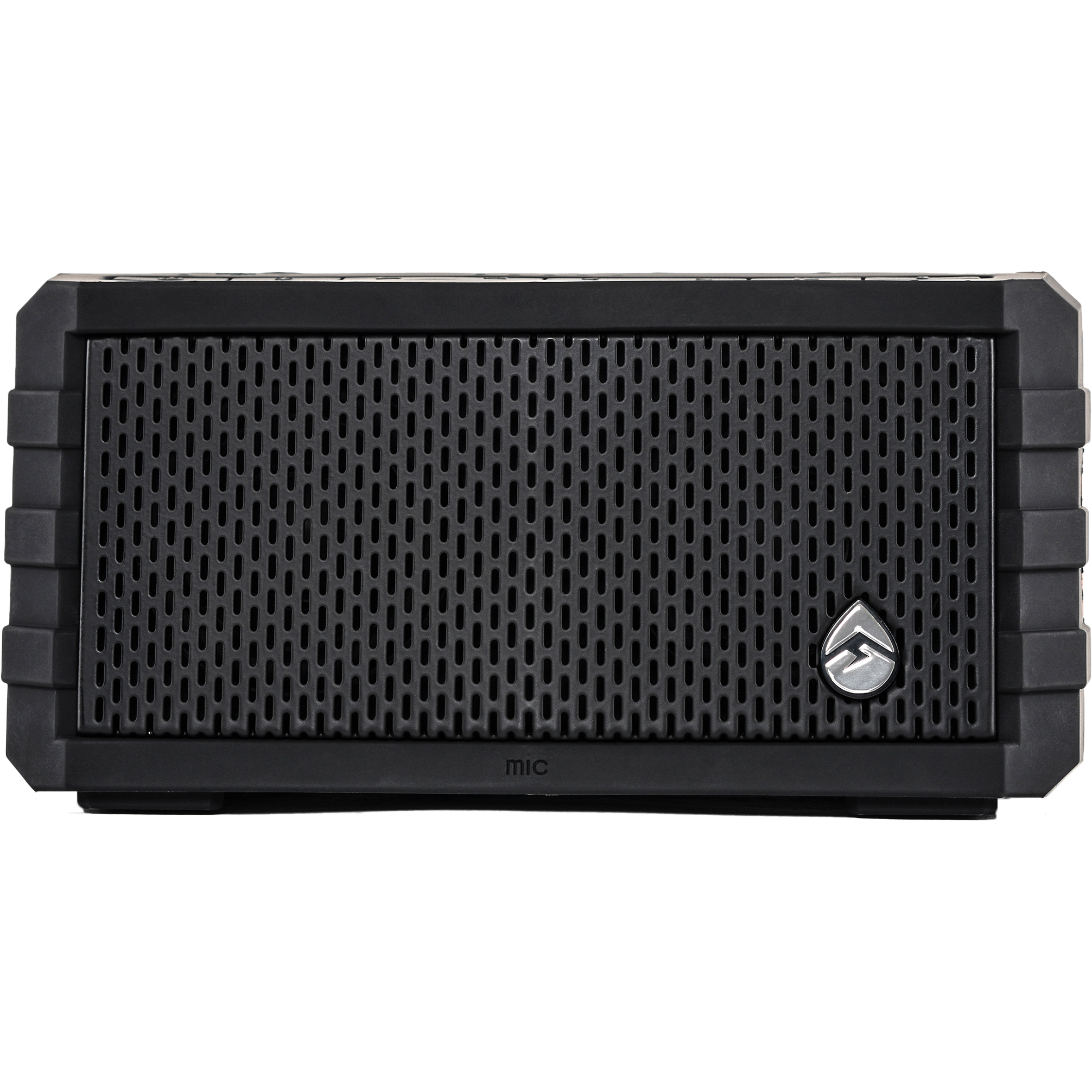 The Sol Jam Bluetooth Waterproof Solar Powered Speaker by EcoXGear is a black rectangular portable speaker with a textured grille, a silver droplet-shaped logo at the bottom right, and "mic" labeled at the bottom center.