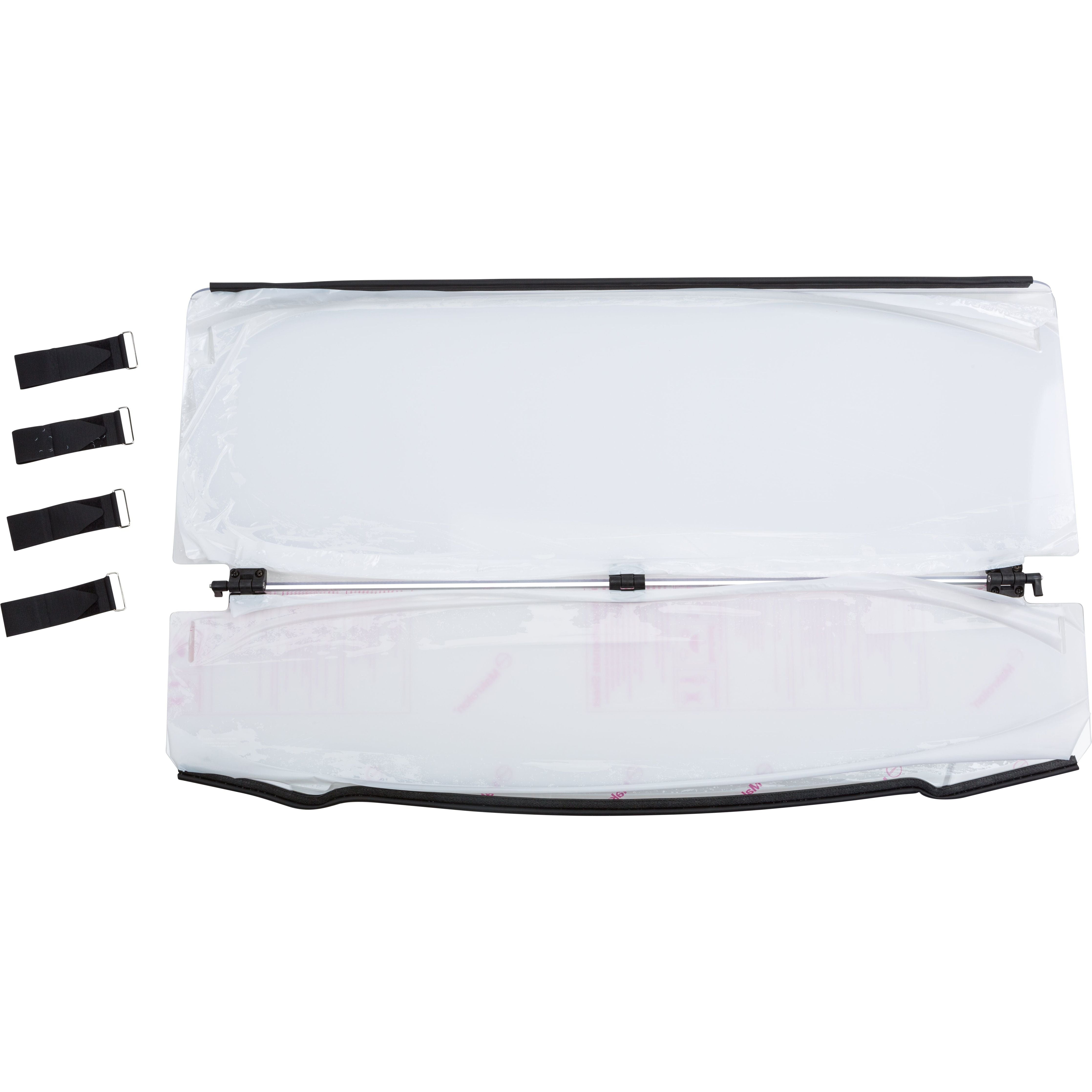 The Folding Windshield by Open Trail is a clear polycarbonate panel with black trim and three black straps with buckles, shown on a white background.