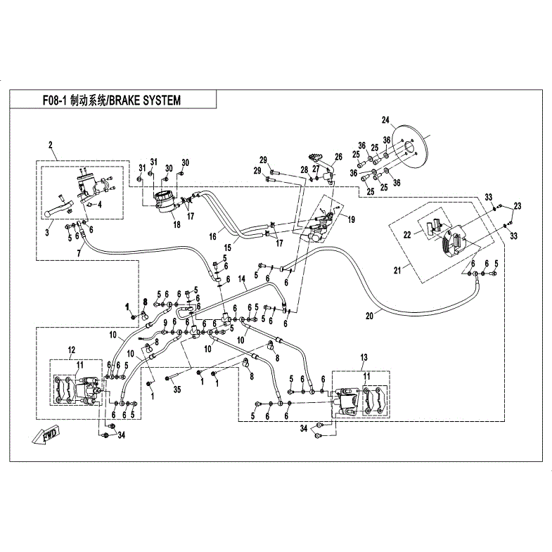 An Image of a genuine CFMOTO Parts Schematic Diagram showing the group - BRAKE SYSTEM (DUAL HOSE FRONT CALIPER) - 2018 CFMOTO CFORCE 500 HO