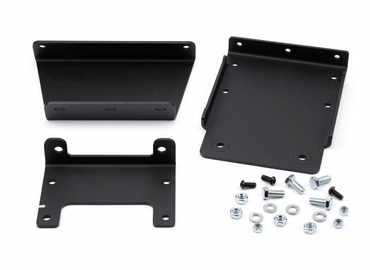 The Kawasaki Mul 4000-10 Winch Mounting Kit by Warn includes three black metal brackets with multiple holes, arranged on a white background. Hardware—screws, bolts, nuts, and washers—are included. The kit offers durability and corrosion resistance.