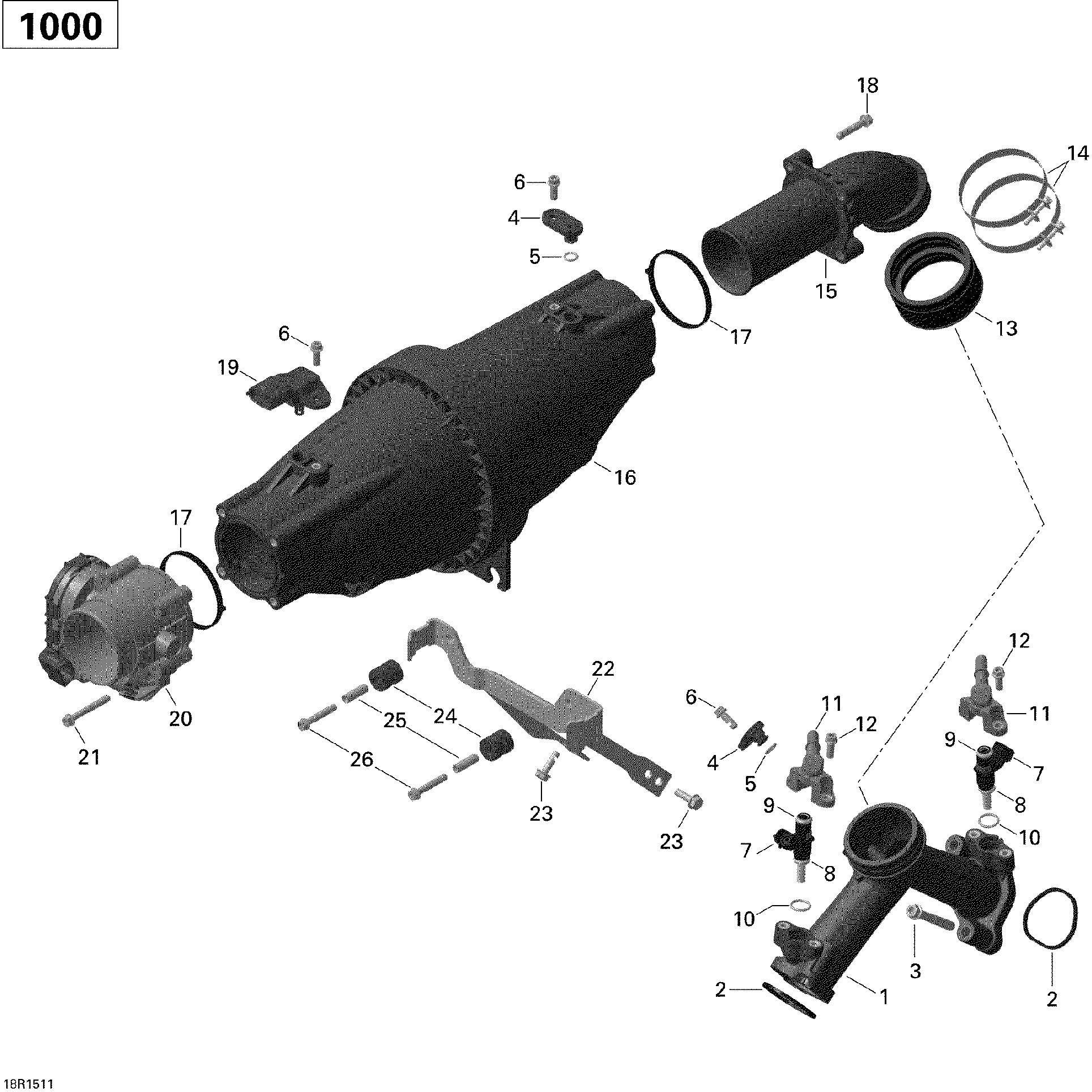 An Image of a Genuine Can-Am Parts Schematic Diagram showing the schematic - AIR INTAKE MANIFOLD AND THROTTLE BODY _18R1511