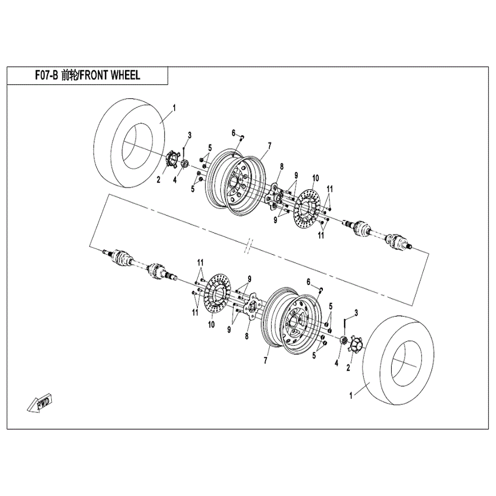 An Image of a genuine CFMOTO Parts Schematic Diagram showing the group - FRONT WHEEL (USA) - 2022 CFMOTO CFORCE 500 S