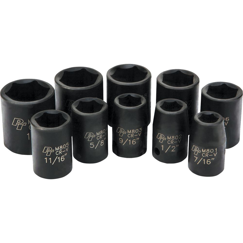 The 10 Pc 1/2" SAE Shallow Socket Set by Performance Tool features durable black chrome vanadium steel, six-point impact sockets, each size-marked and numbered, displayed upright in two rows on a white background.