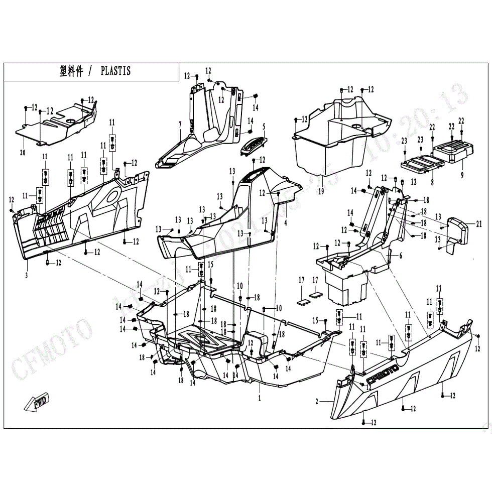 An Image of a Genuine CFMOTO Parts Schematic Diagram showing the schematic - MIDDLE PLASTICS - 2022 CFMOTO ZFORCE 800 EX