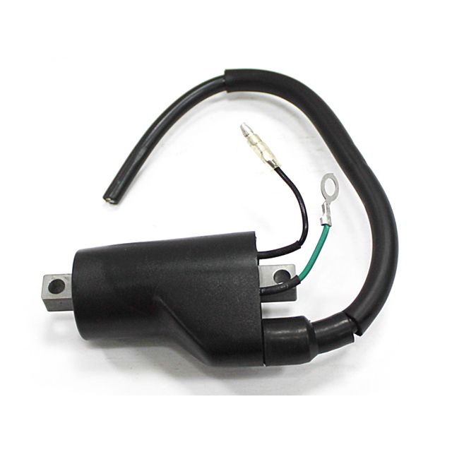 The Honda Sportrax Ignition Coil by Bronco, featuring attached wiring with a green wire (ring terminal) and black wire (spade connector), is shown on a white background.
