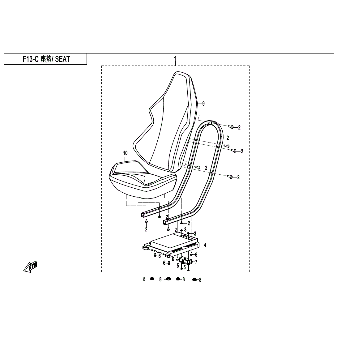 An Image of a Genuine CFMOTO Parts Schematic Diagram showing the schematic - SEAT (BLACK & WHITE) - 2020 CFMOTO ZFORCE 800 EX