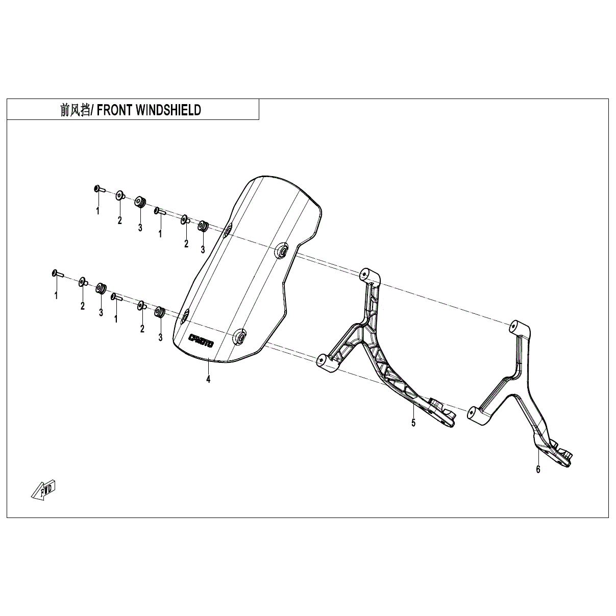 An Image of a genuine CFMOTO Parts Schematic Diagram showing the group - FRONT WINDSHIELD (OVERLAND) - 2025 CFMOTO CFORCE 1000 OVERLAND