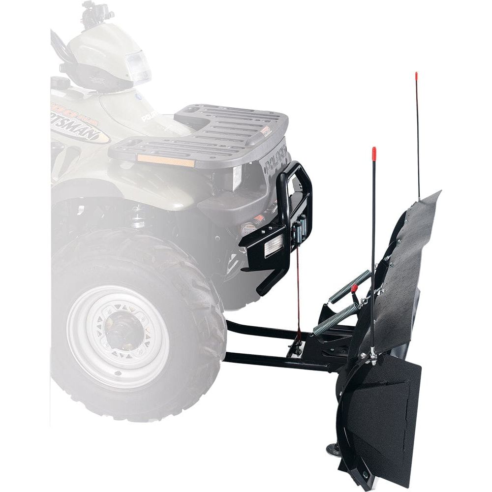 An ATV fitted with Warn Snow Plow Blade Markers: black plow mount, sturdy metal frame, and two red-tipped guide rods accentuate the attachment. The faded ATV finish contrasts with the highlighted markers.