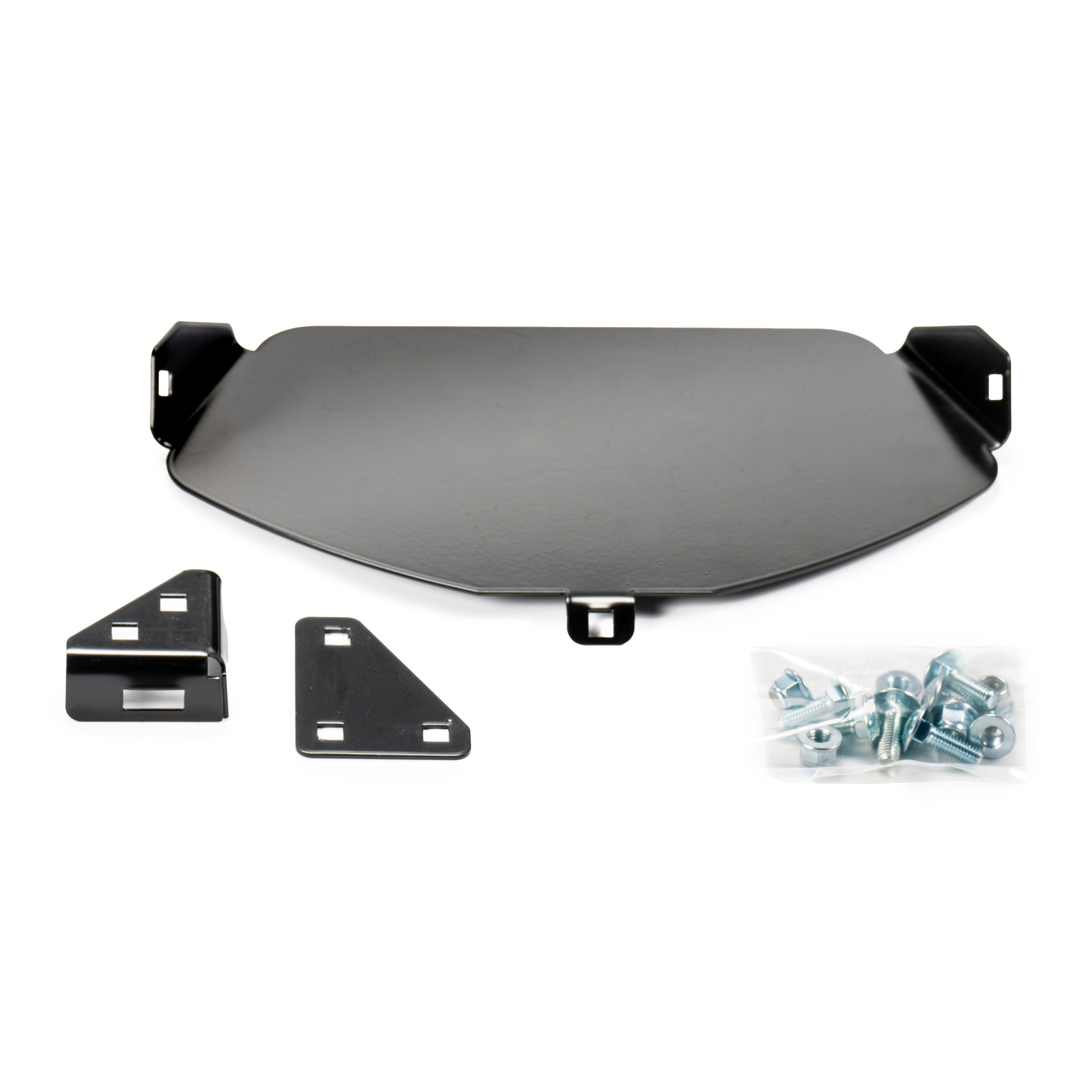 The Provantage II Snow Plow Side Wall by Warn shown on a white background, featuring a black metal bracket set, two smaller mounting pieces, and a plastic bag with screws and hardware.