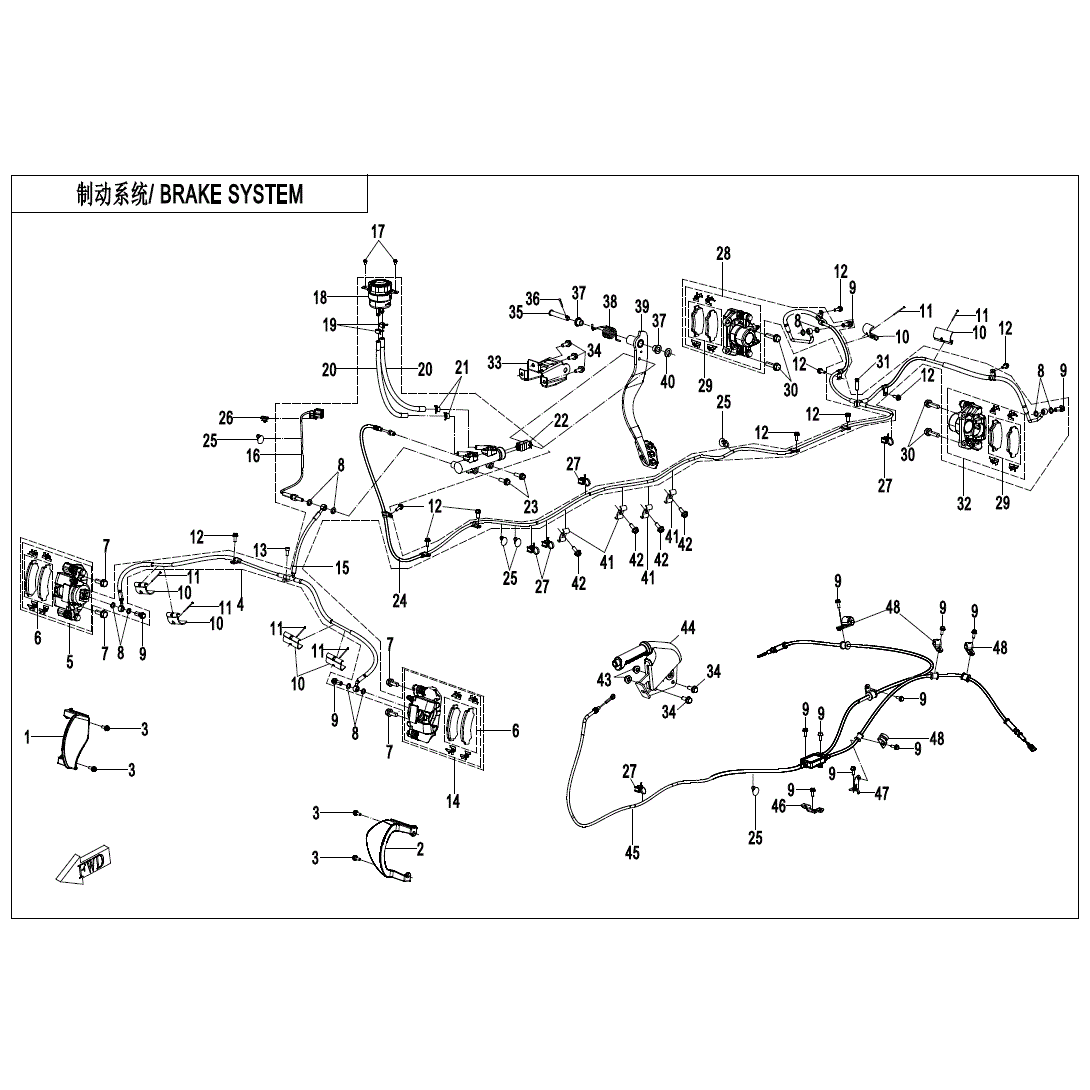 An Image of a Genuine CFMOTO Parts Schematic Diagram showing the schematic - BRAKE SYSTEM - 2024 CFMOTO ZFORCE 950