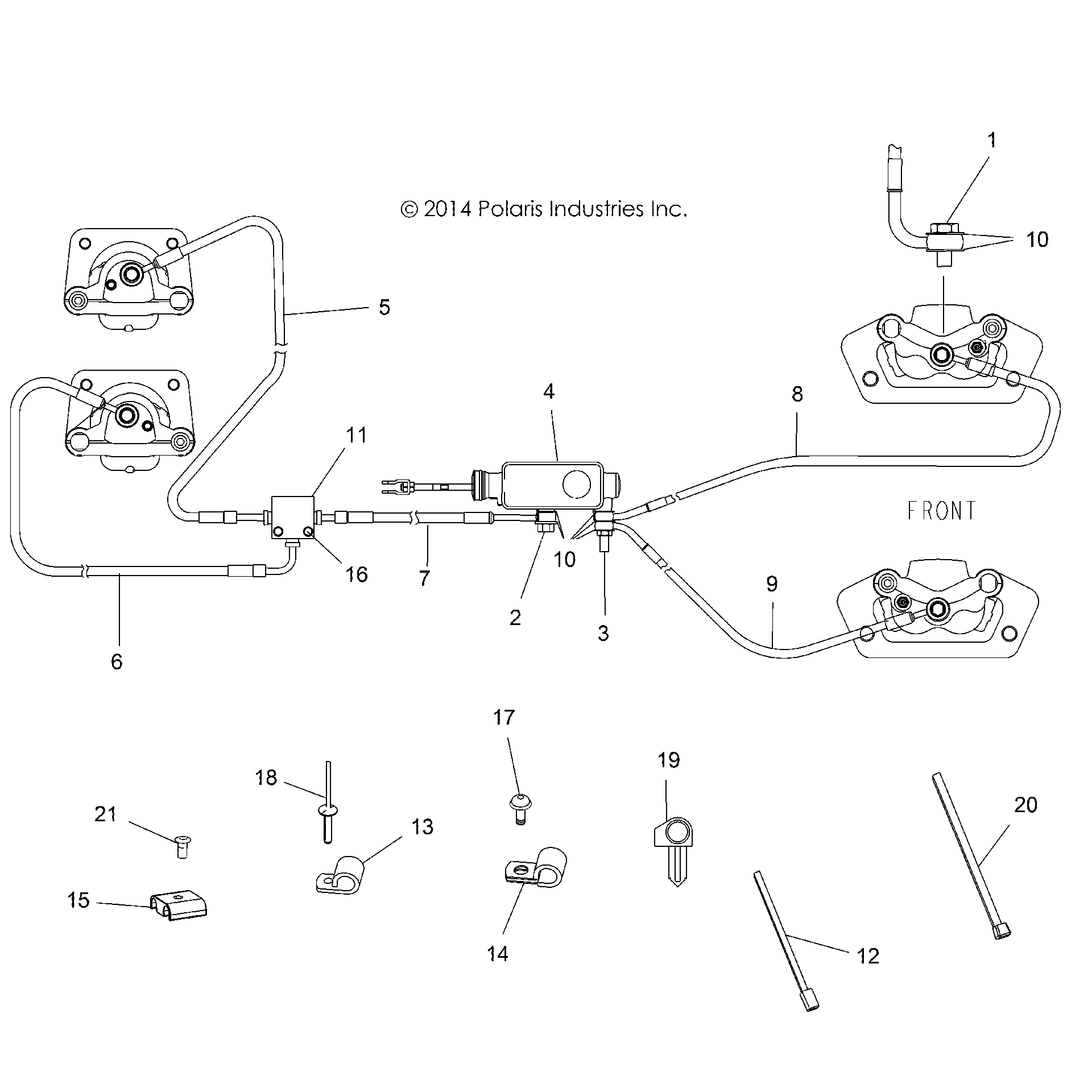 An Image of a Genuine Polaris Parts Schematic Diagram showing the schematic - BRAKES: BRAKE LINES AND MASTER CYLINDER - 2016 POLARIS ACE 570 EFI