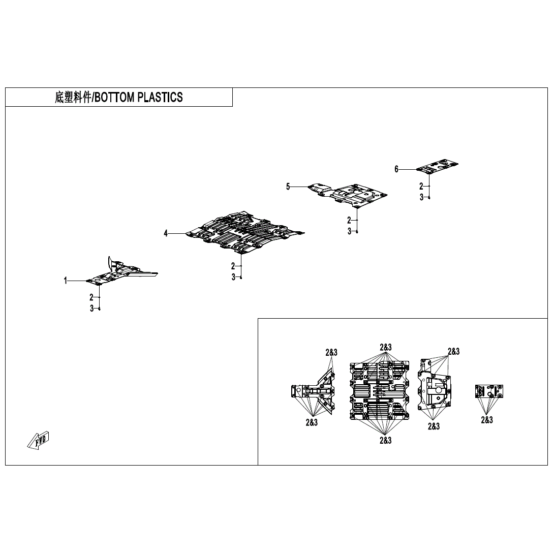 An Image of a Genuine CFMOTO Parts Schematic Diagram showing the schematic - BOTTOM PLASTICS - 2024 CFMOTO ZFORCE 800 Trail