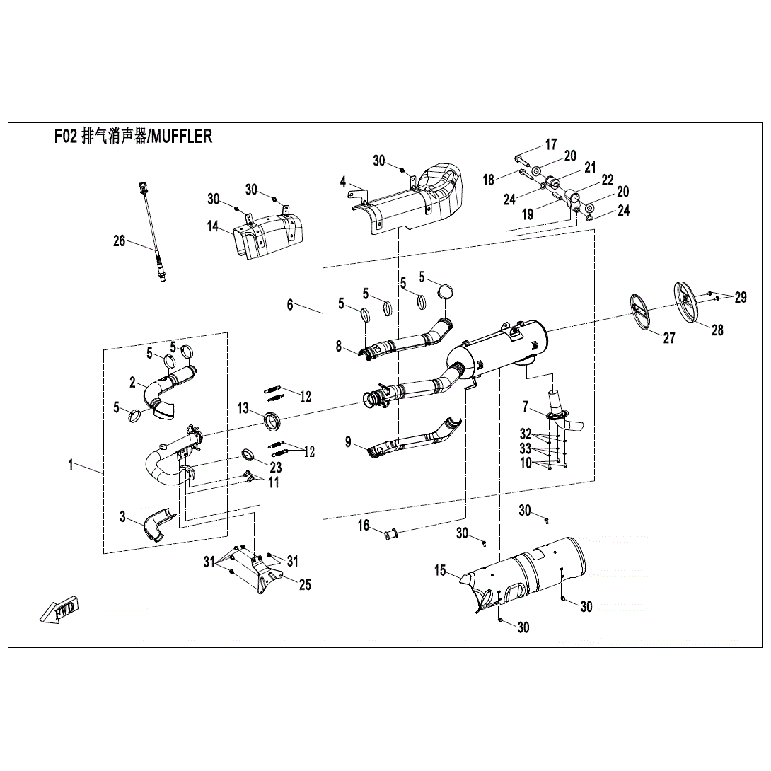 An Image of a genuine CFMOTO Parts Schematic Diagram showing the group - MUFFLER (INTERNATIONAL) - 2022 CFMOTO CFORCE 400
