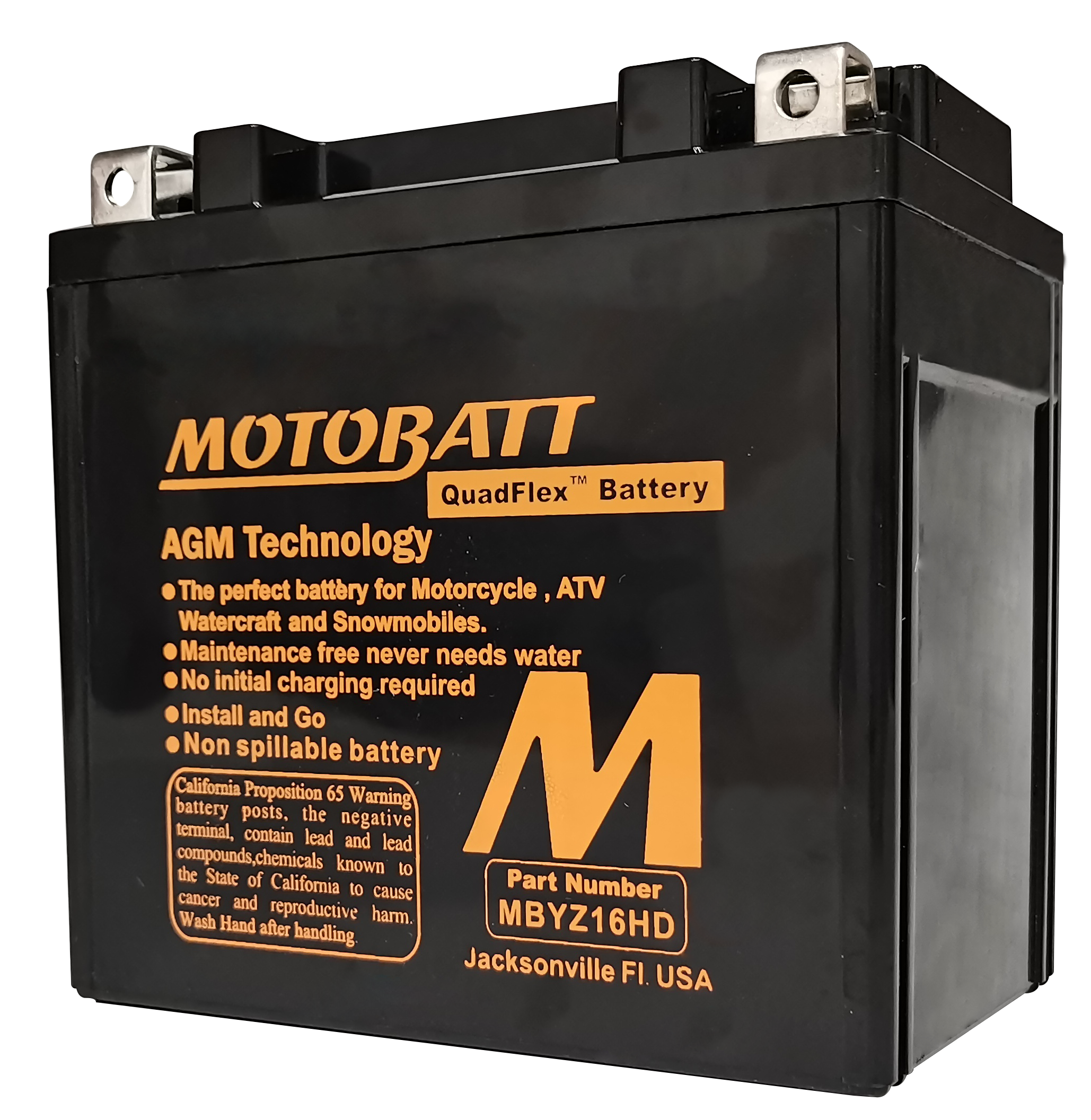 The Mbyz16Hd Sealed Factory Activated AGM Battery by MotoBatt is a black battery with yellow text, printed specs on the front, two top corner terminals, and advanced Quadflex technology for superior starting power.