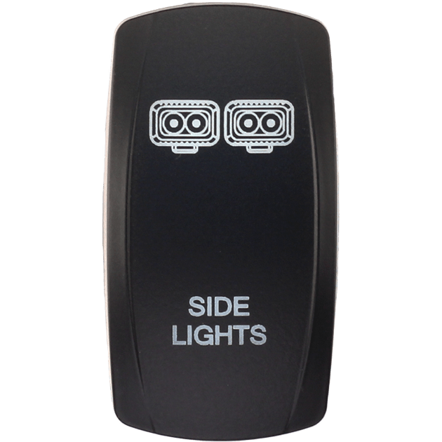 The Dash Switch Rocker Face Side Lights by XTC Power is a black rocker switch featuring two white outlined headlight icons above the text SIDE LIGHTS, designed to control a vehicle’s side lights.