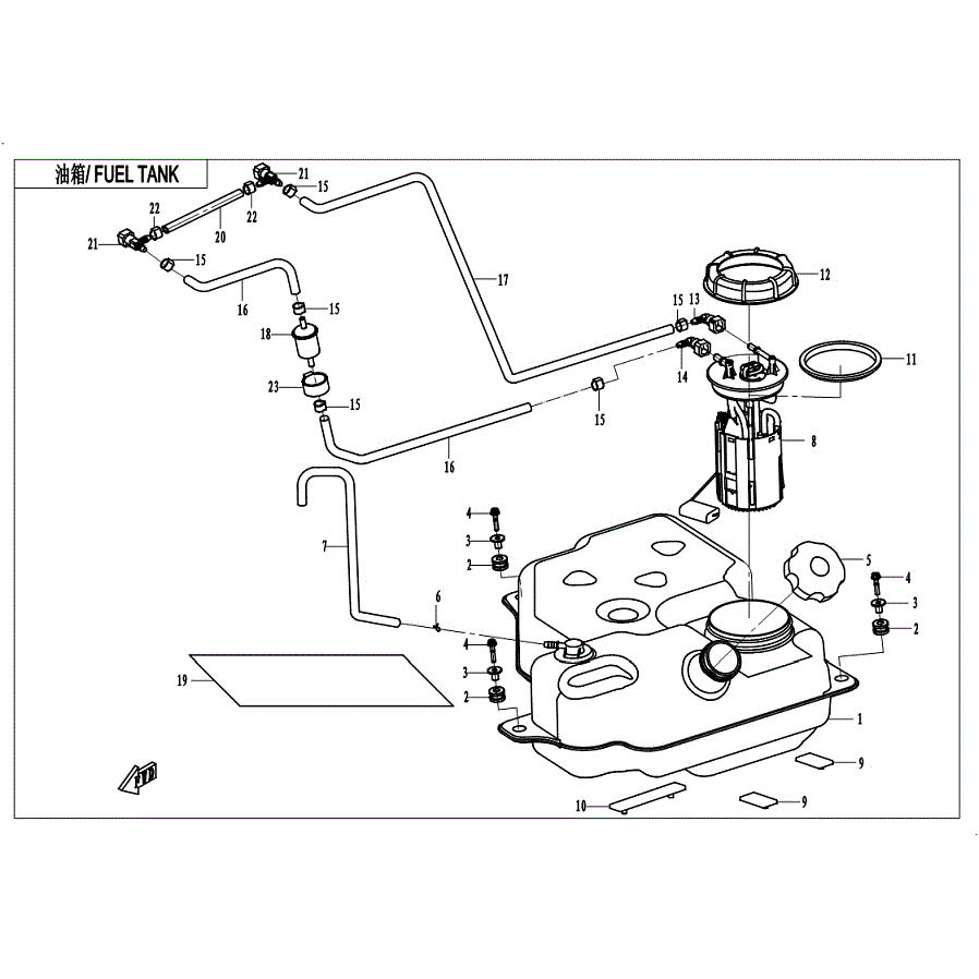 An Image of a Genuine CFMOTO Parts Schematic Diagram showing the schematic - FUEL TANK - 2019 CFMOTO ZFORCE 800 Trail