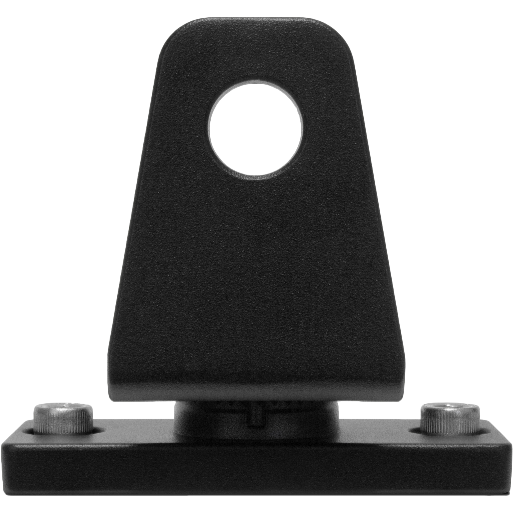 The EcoXGear Golf Cart Whip Mount Square/Round Tube 1.0 - 1.5 is a black metal bracket with a triangular design, circular top hole, and rectangular base secured by two silver screws.
