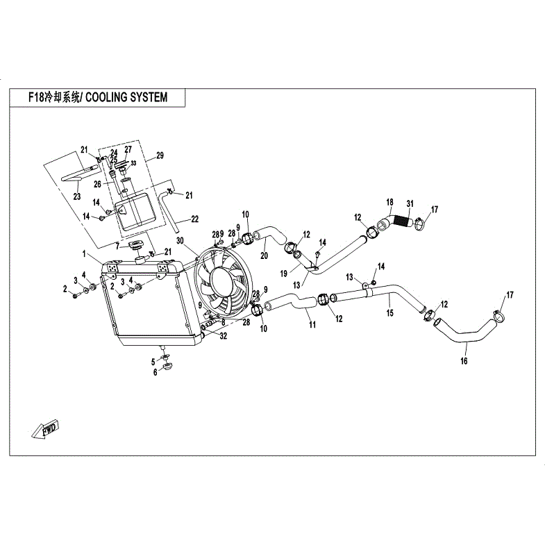 An Image of a genuine CFMOTO Parts Schematic Diagram showing the group - COOLING SYSTEM - 2018 CFMOTO CFORCE 400