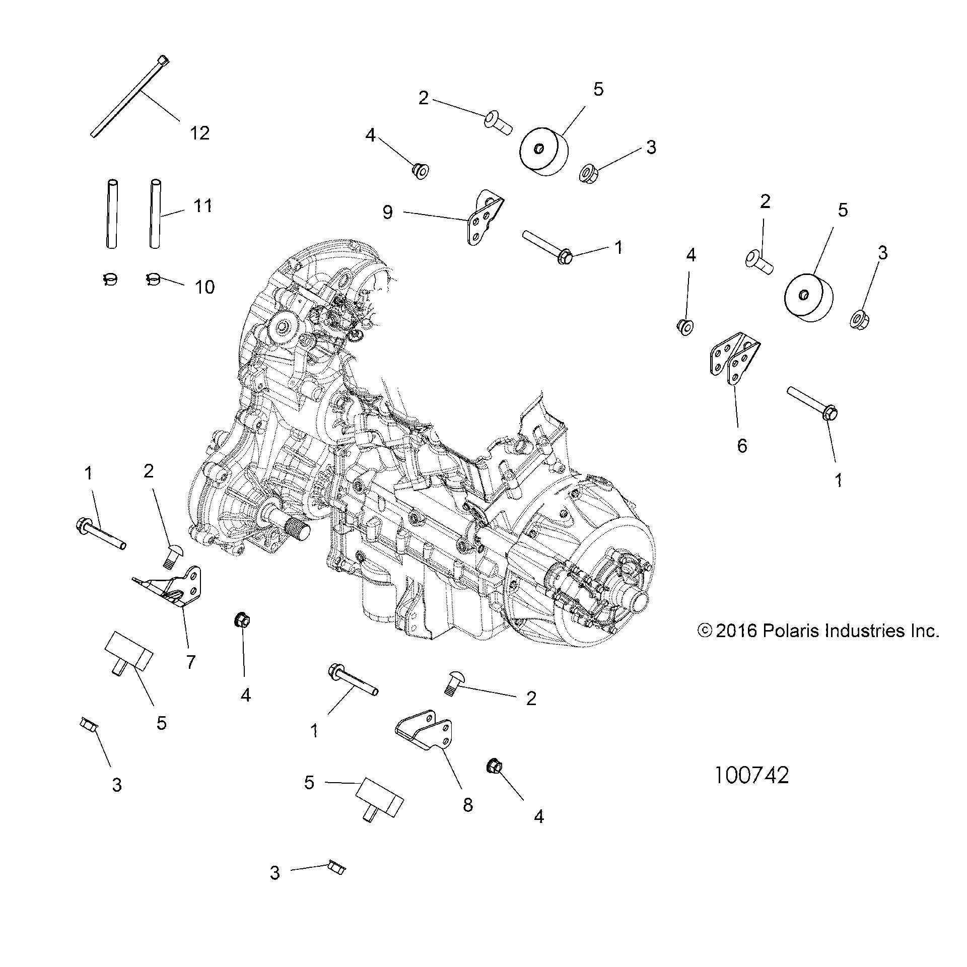 An Image of a Genuine Polaris Parts Schematic Diagram showing the schematic - ENGINE: TRANSMISSION MOUNTING & LONG BLOCK - 2017 POLARIS SPORTSMAN 850 SP