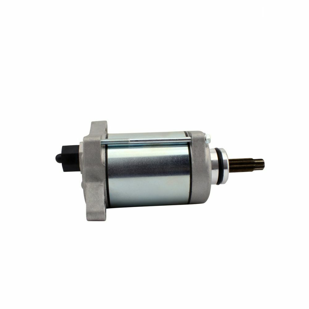 Compact silver cylindrical starter motor with black plastic end cap and metal gear shaft.