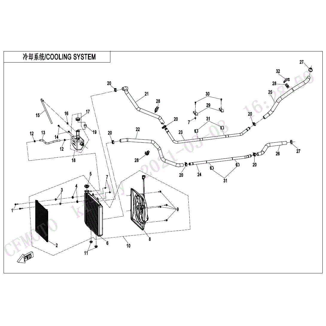 An Image of a Genuine CFMOTO Parts Schematic Diagram showing the schematic - COOLING SYSTEM - 2024 CFMOTO UFORCE 600