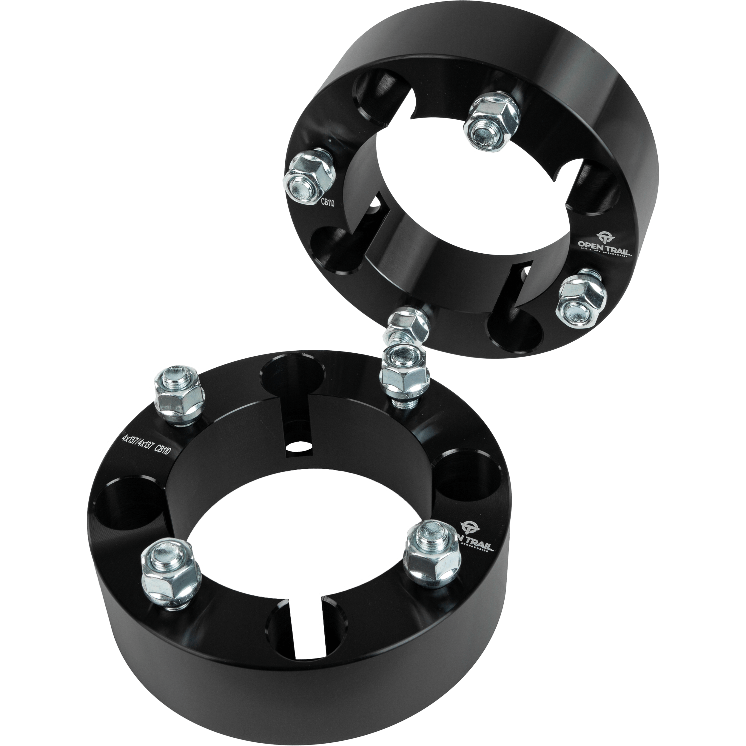 Two black, circular Wheel Spacer 2 4/137 Stud: 12mm x 1.25mm by Open Trail—each with four silver bolts, one upright and one flat—showcase machined details and branded engravings for enhanced traction and stability.