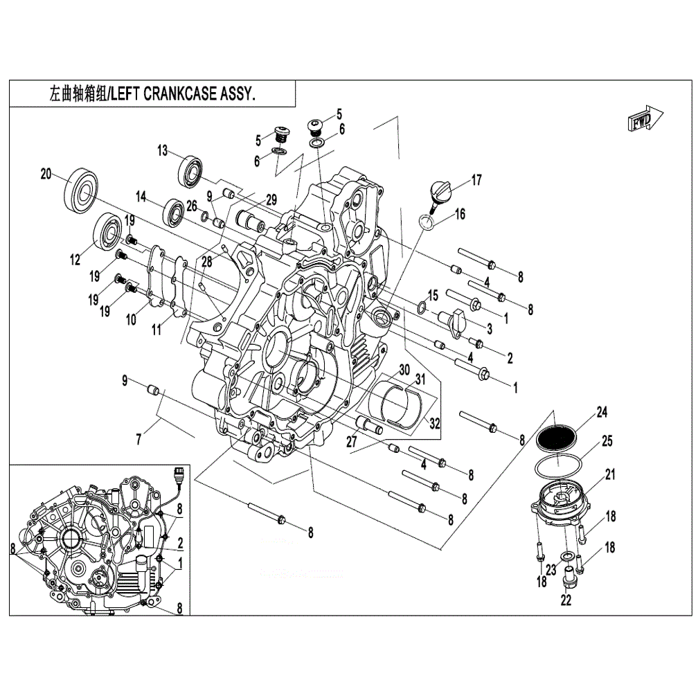 An Image of a Genuine CFMOTO Parts Schematic Diagram showing the schematic - LEFT CRANKCASE ASSY - 2021 CFMOTO UFORCE 600