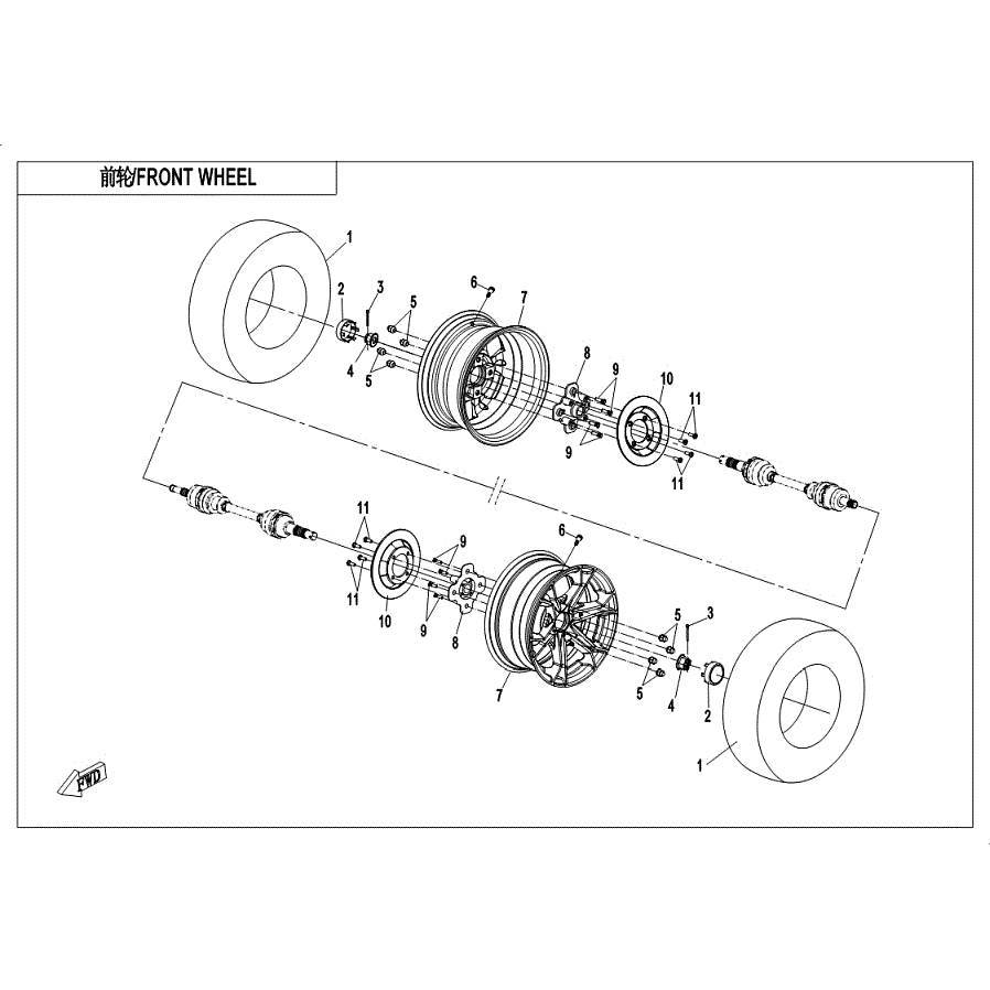 An Image of a genuine CFMOTO Parts Schematic Diagram showing the group - FRONT WHEEL - 2019 CFMOTO CFORCE 800 XC