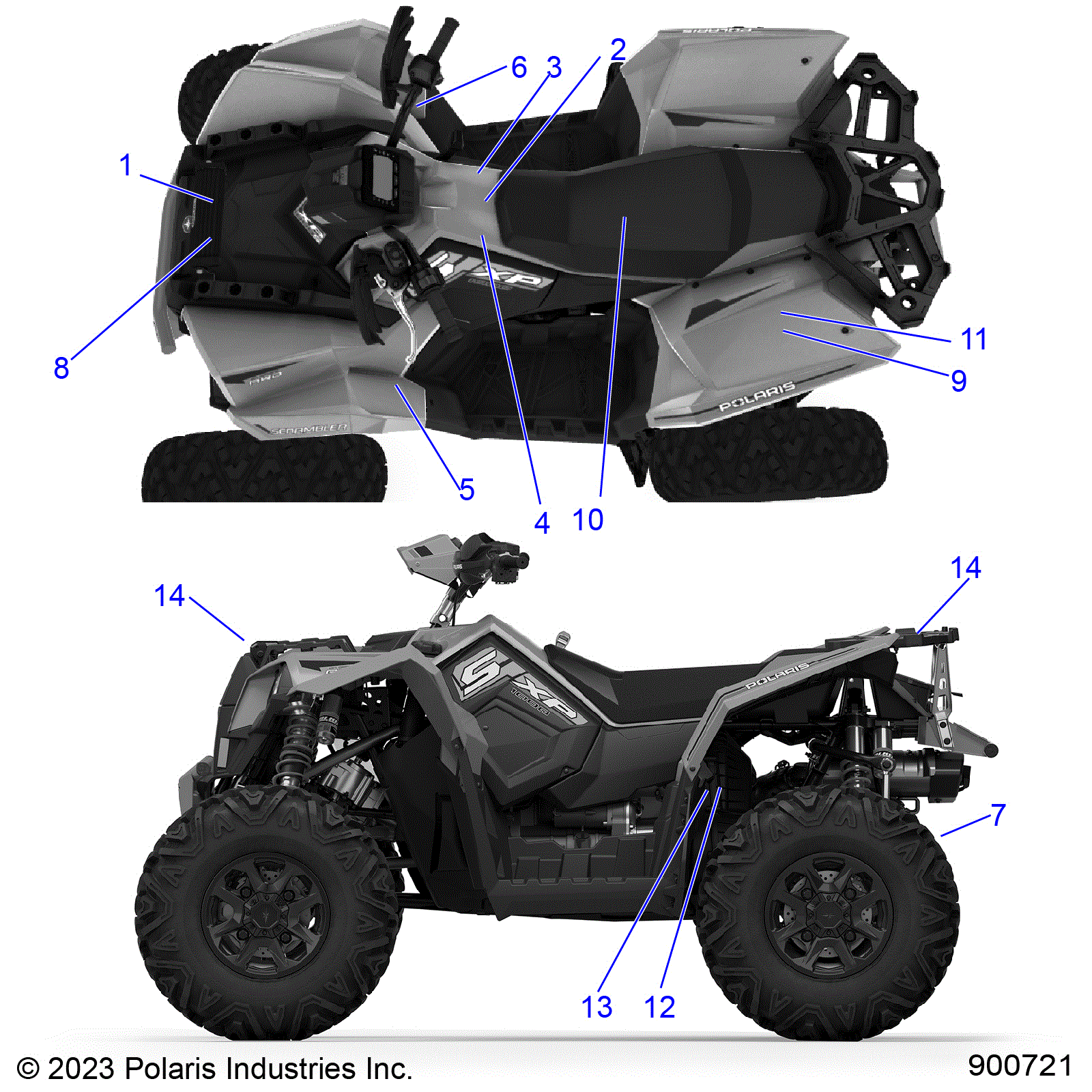 An Image of a Genuine Polaris Parts Schematic Diagram showing the schematic - BODY: DECALS STANDARD - 2024 POLARIS SCRAMBLER XP 1000 55" 49S