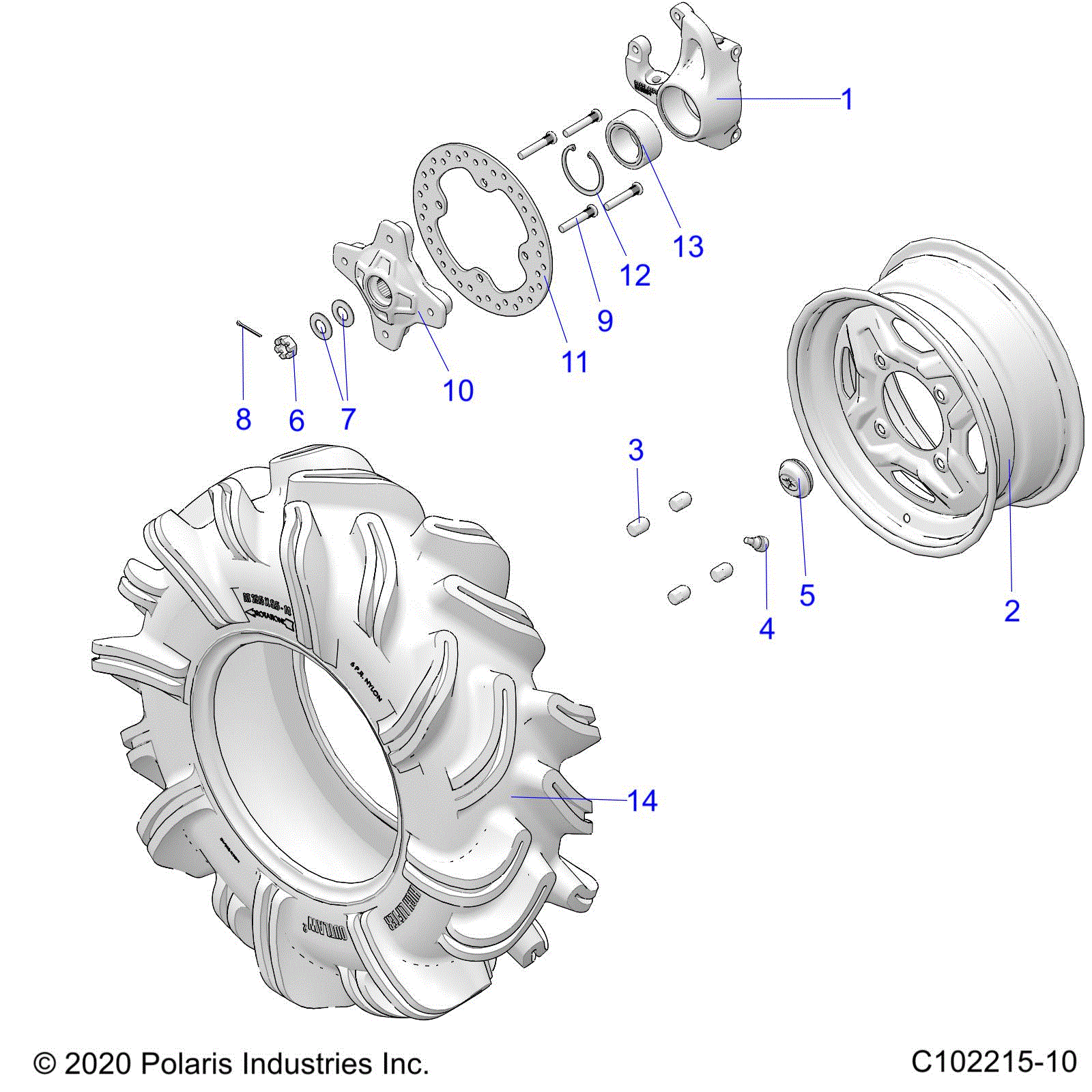 An Image of a Genuine Polaris Parts Schematic Diagram showing the schematic - WHEELS: FRONT and HUB - 2020 POLARIS SPORTSMAN 850 HIGH LIFTER