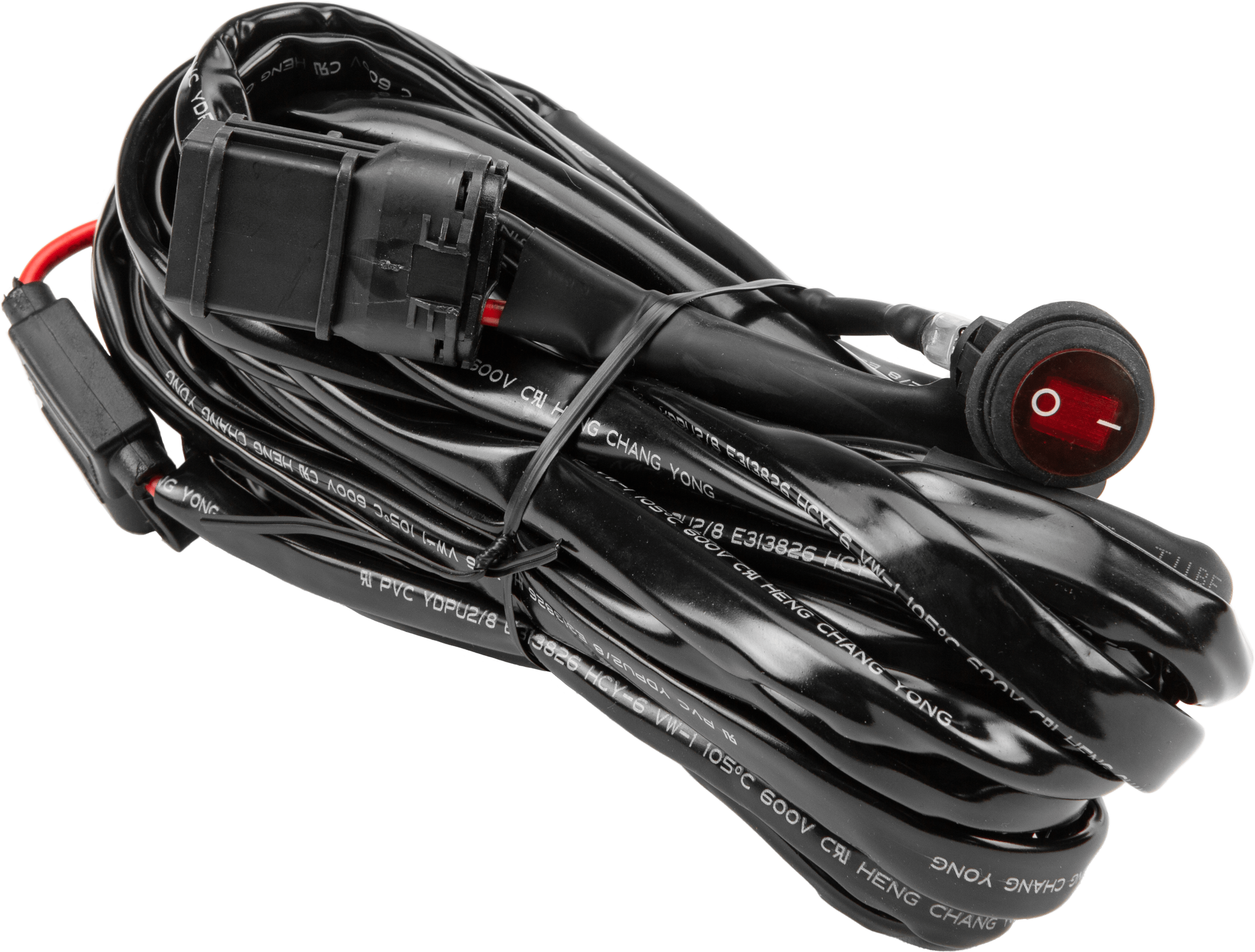 A coiled black wiring harness for the 40 Stealth by Open Trail, featuring a red and black on/off rocker switch and connectors, designed for automotive or electronic installations.