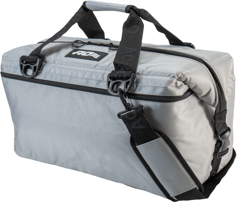 The AO Coolers 48 Pack Capacity Ballistic Silver Cooler is rectangular, light gray with black zippers, handles, a detachable shoulder strap, and a top logo patch—crafted from durable ballistic material for long-lasting use.