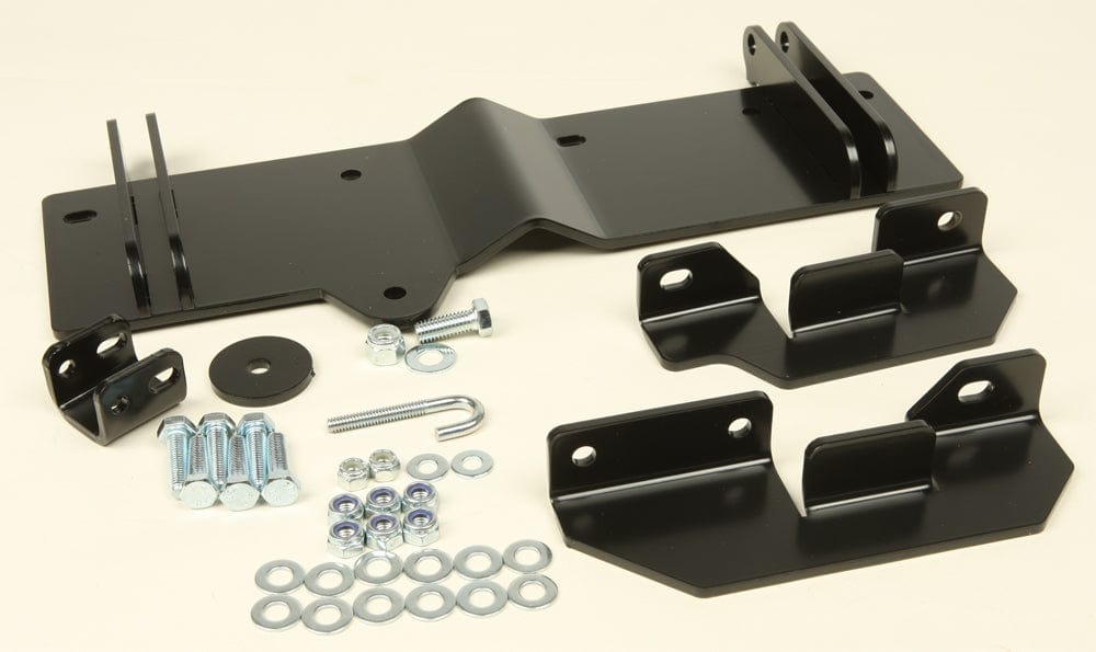 The Polaris ATV Provantage Center Snow Plow Mounting Kit by Warn includes black metal brackets, bolts, washers, nuts, and a U-bolt—perfect as an ATV mounting plate or for plowing operations. All components are neatly arranged on a light surface.