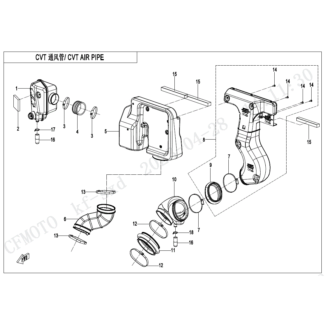 An Image of a Genuine CFMOTO Parts Schematic Diagram showing the schematic - CVT AIR PIPE - 2024 CFMOTO UFORCE 600