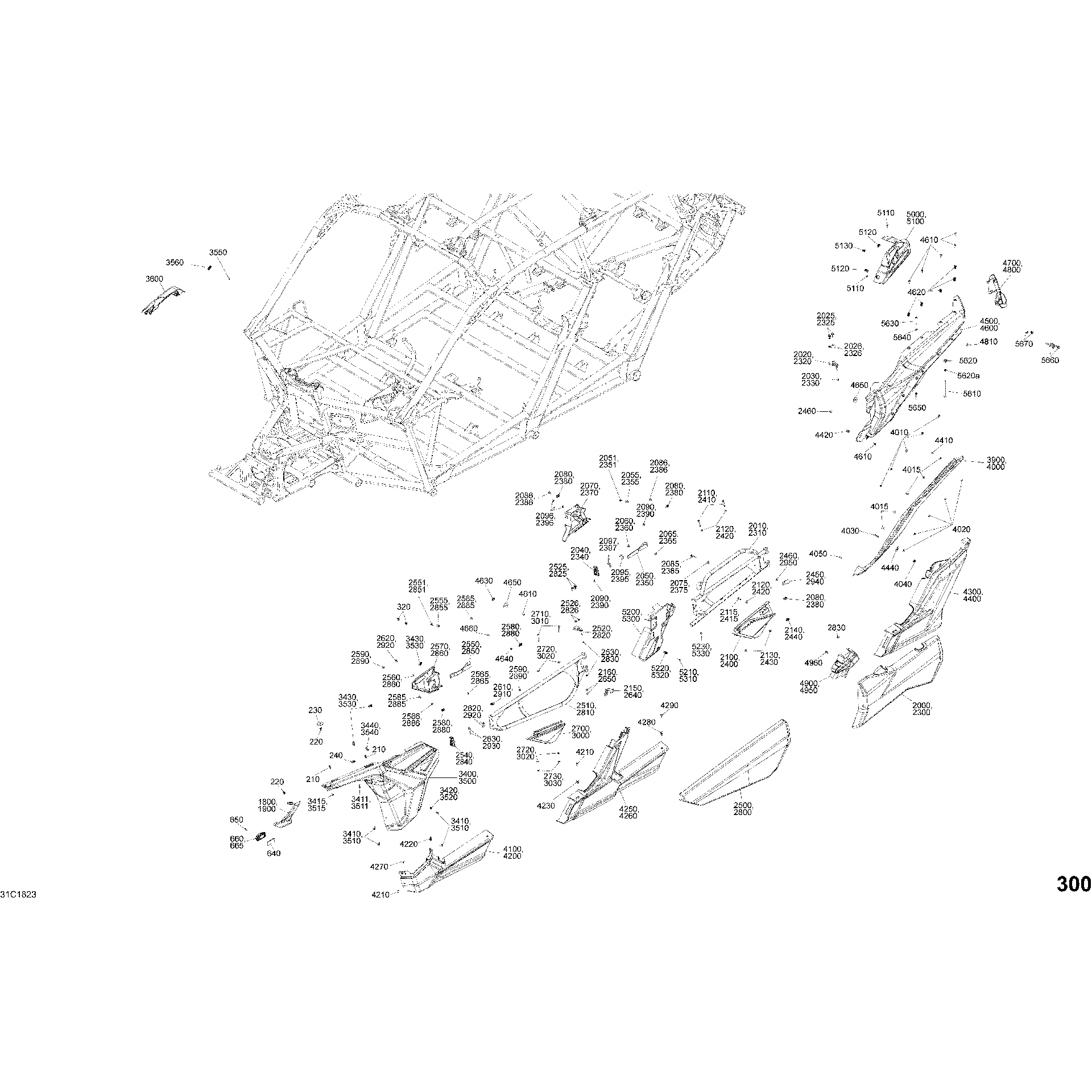 An Image of a Genuine Can-Am Parts Schematic Diagram showing the schematic - BODY PARTS - TRIPLE BLACK - PACKAGE X DS DPS - CENTRAL SECTION