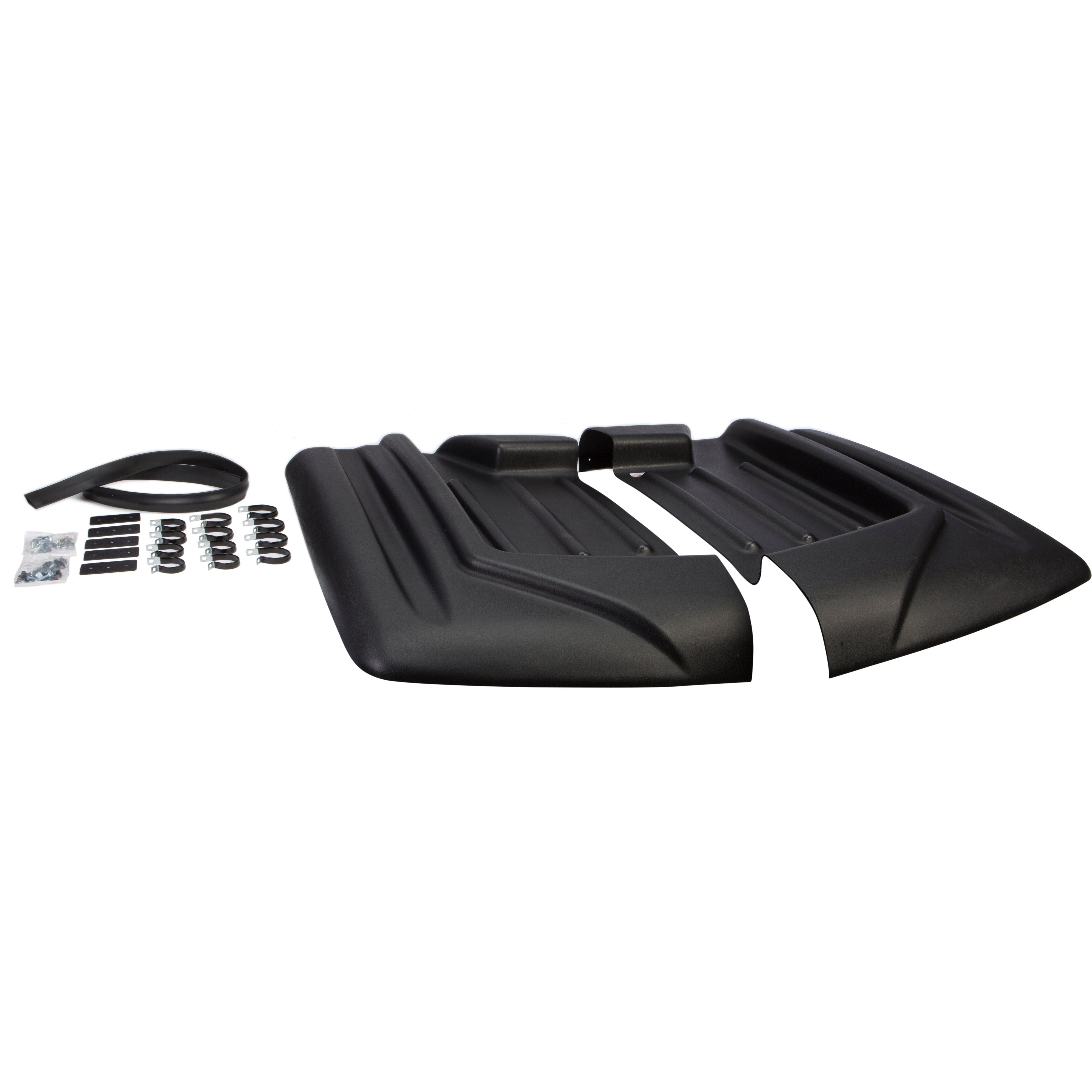 The UTV Universal Molded Roof by Open Trail, made of black HDPE with UV resistance, includes mounting hardware—brackets, screws, clips, and a rubber sealing strip—and is displayed on a white background.