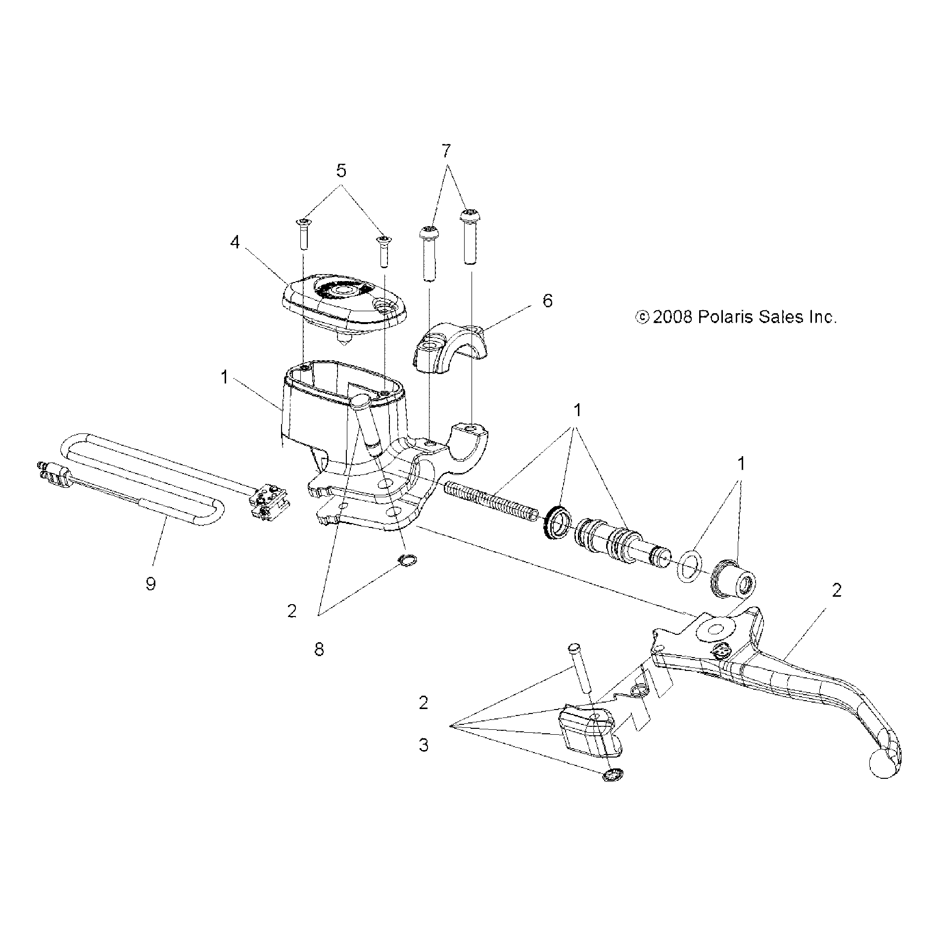 An Image of a Genuine Polaris Parts Schematic Diagram showing the schematic - BRAKES: FRONT BRAKE LEVER and MASTER CYLINDER - 2016 POLARIS SPORTSMAN TOURING 1000